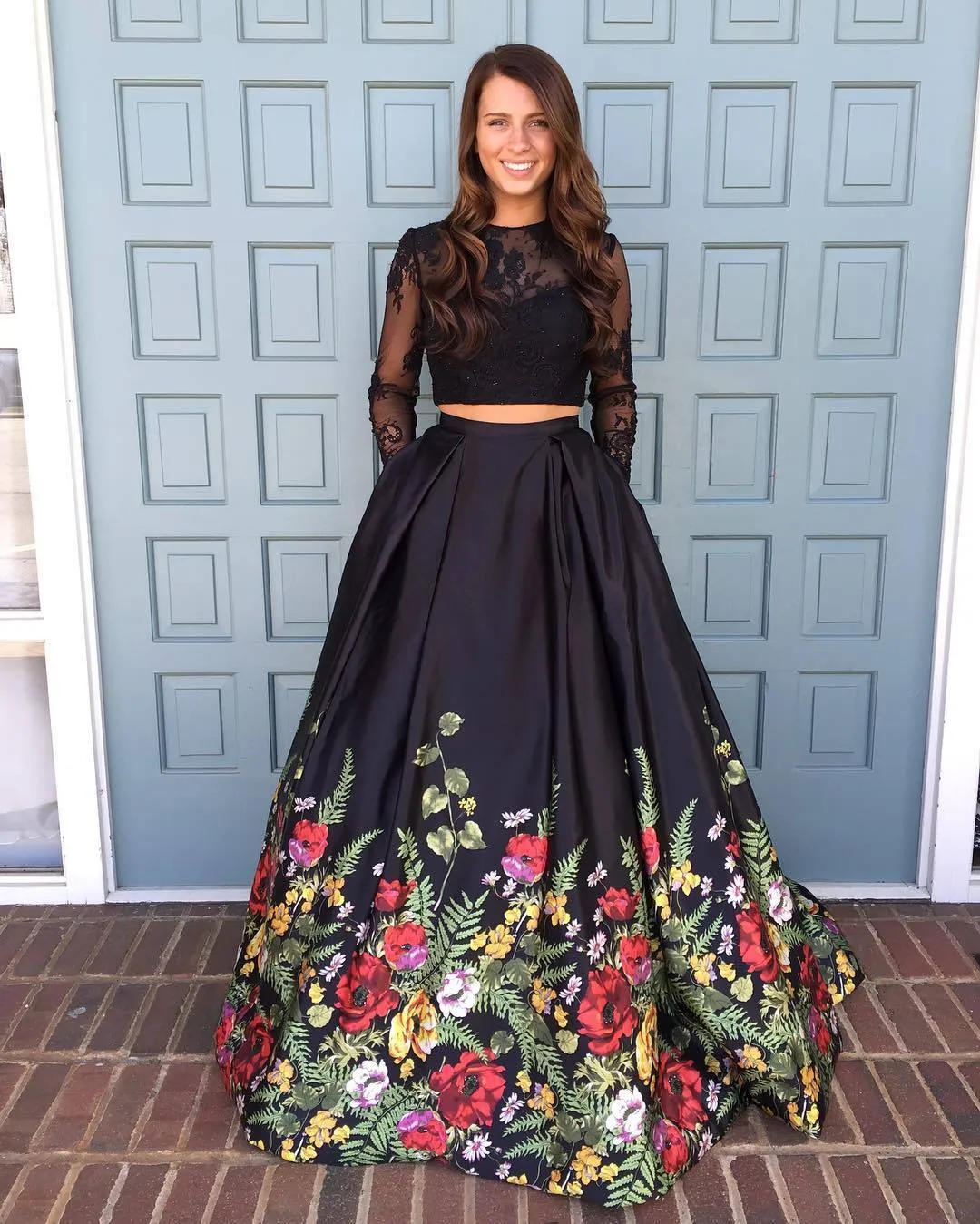 Two Pieces Prom Dresses Black A-line Scoop Floral Prom Dress/Evening Dress SED390