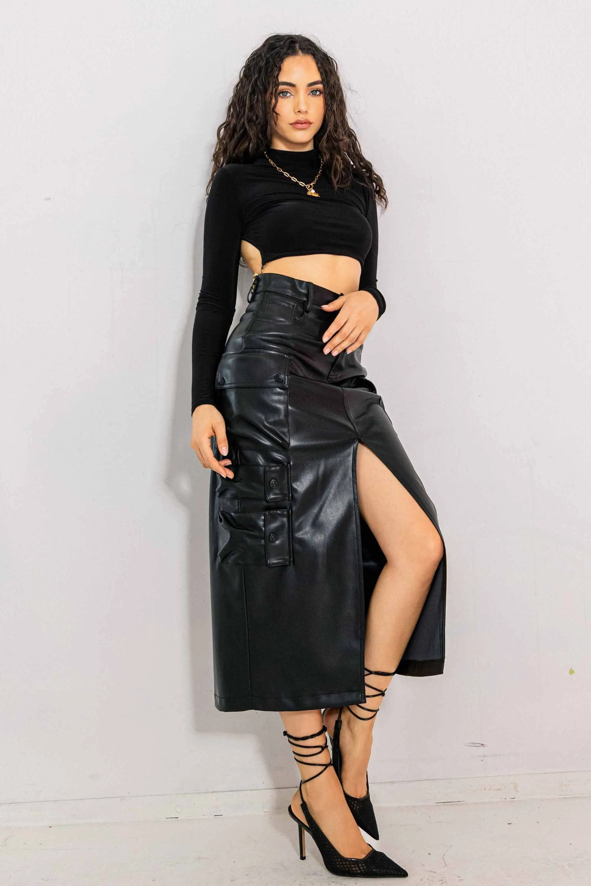 Vegan Leather Cargo Column Skirt