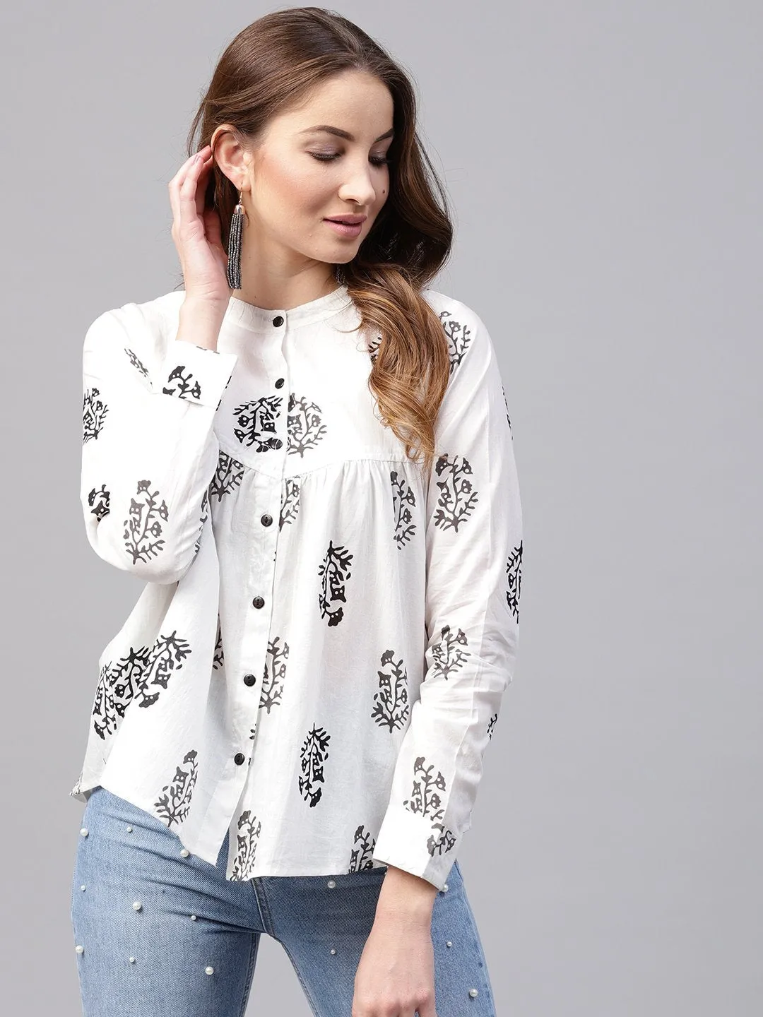 White Printed Full Sleeve Cotton Flared Tunics