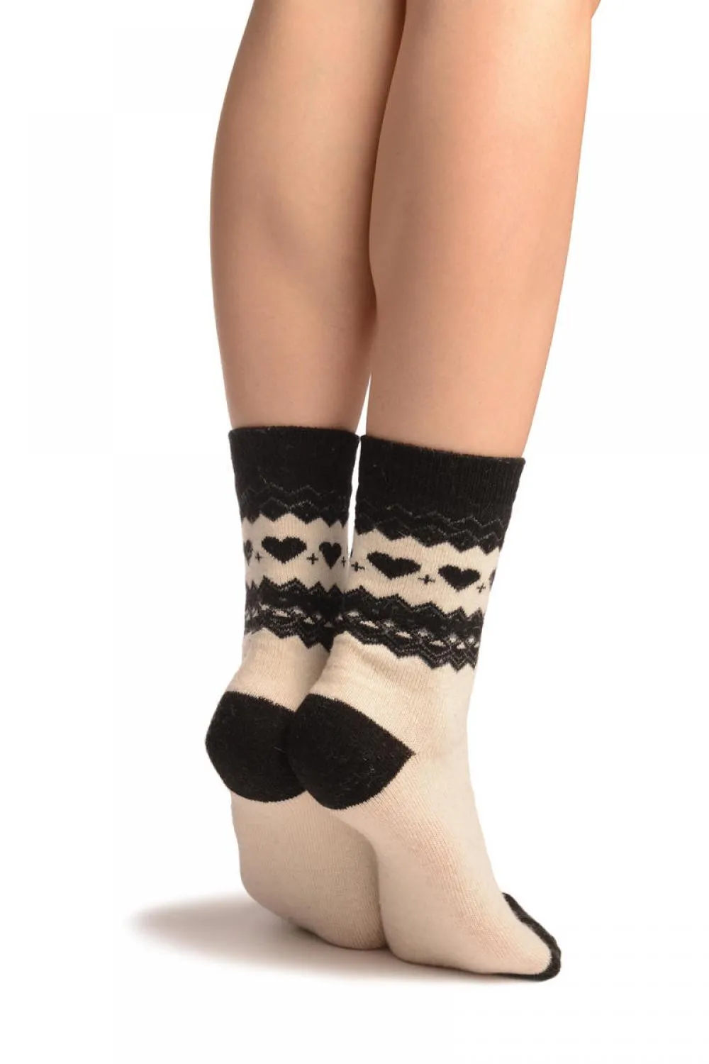 White With Hearts & Black Top Angora Ankle High Socks