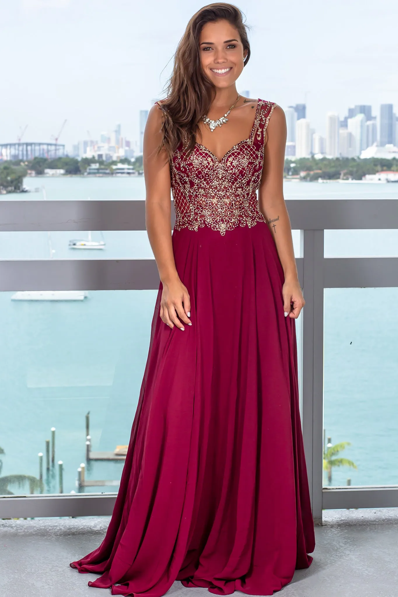 Wine Maxi Dress with Jewel Embroidered Top