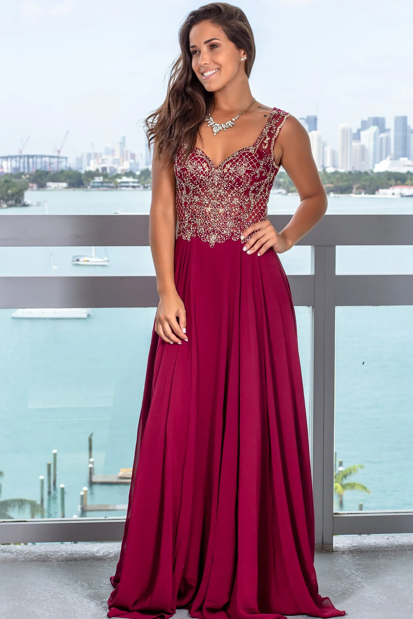 Wine Maxi Dress with Jewel Embroidered Top