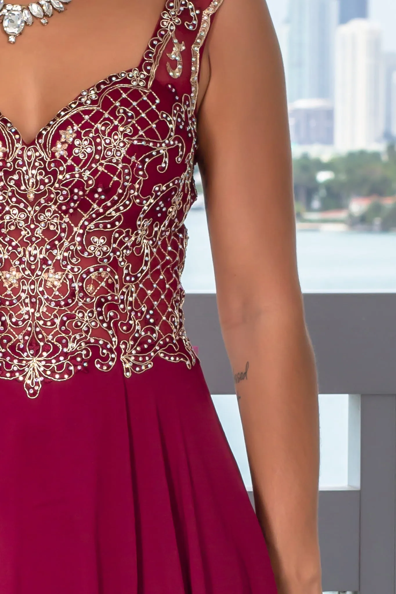 Wine Maxi Dress with Jewel Embroidered Top