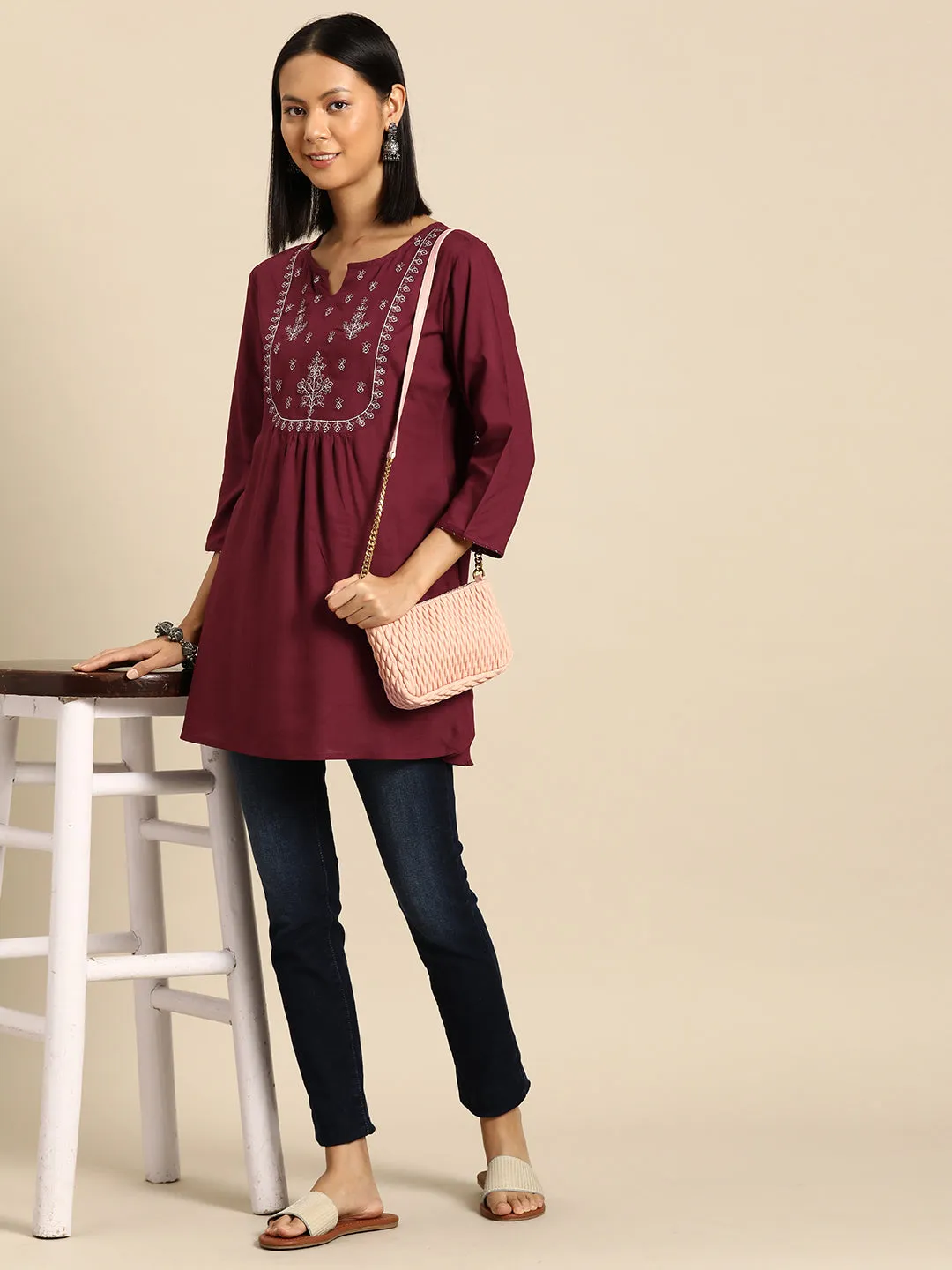 Women Maroon Embroidered Yoke Straight Tunic With Three Quarter Sleeves