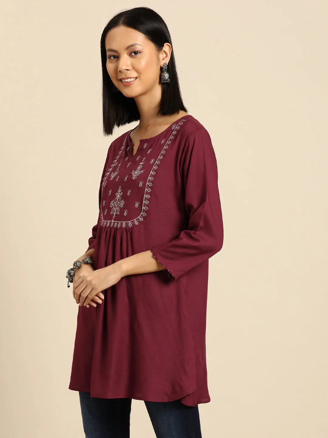 Women Maroon Embroidered Yoke Straight Tunic With Three Quarter Sleeves