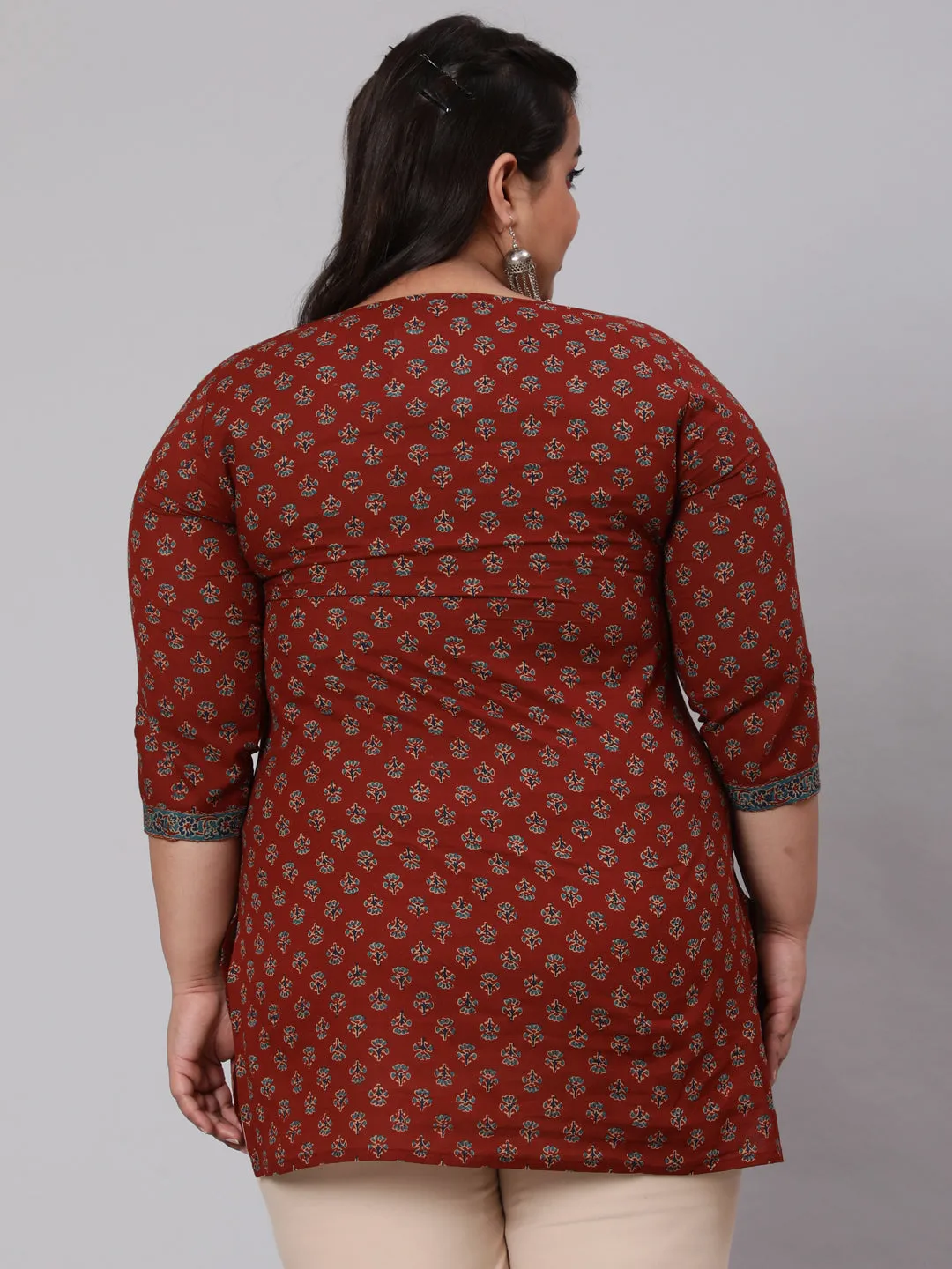 Women Plus Size Maroon Ethnic Tunic With Three Quarter Sleeves