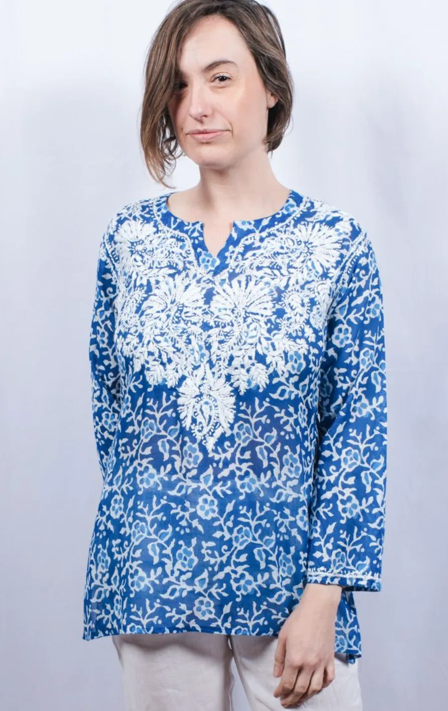 Women's Embroidered Tunic Top in Royal Blue