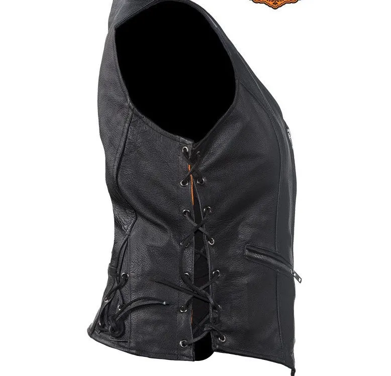 Womens Leather Motorcycle Vest Zip Front With Concealed Carry Pockets